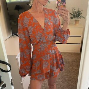 Skort Romper Wrap Dress - orange with blue flowers (size: M)